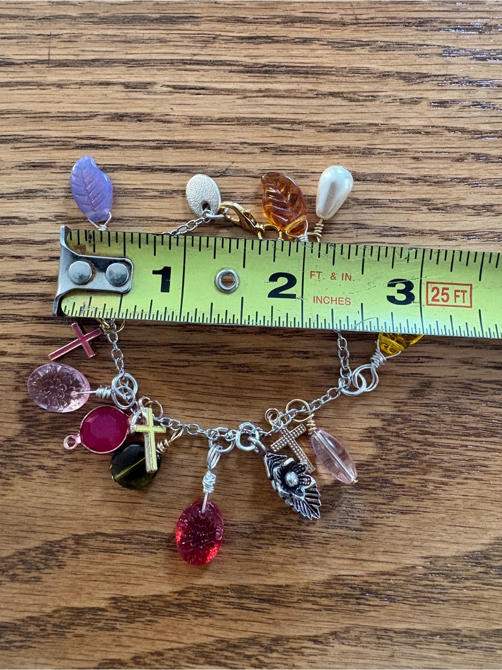 Hand Crafted Multi-Color Glass Charm Bracelet with Cross and Leaf Charms - Picture 4 of 9